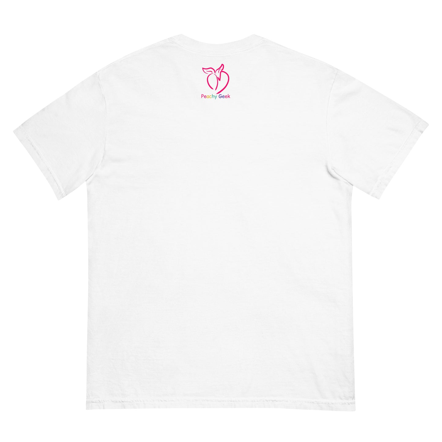 White t-shirt with peachy geek logo on the back against a white background