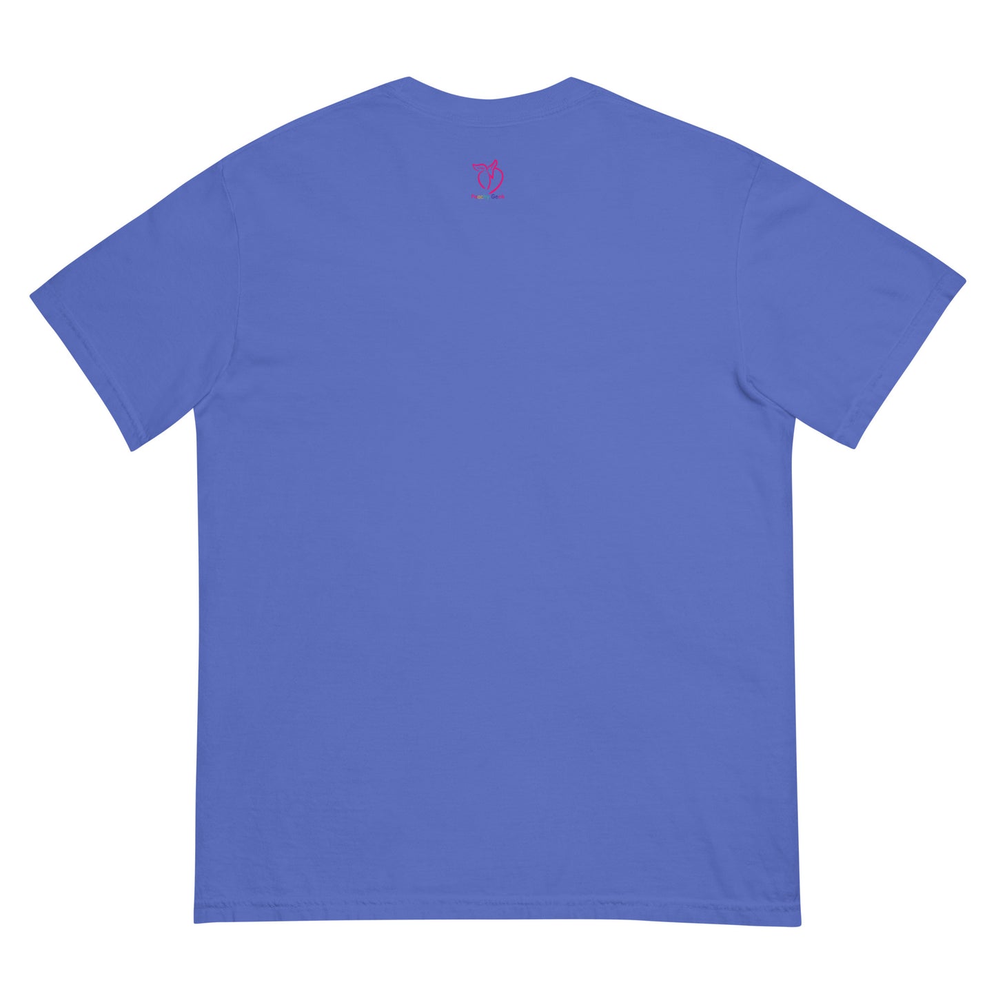 Blue t-shirt with peachy geek logo on the back against a white background