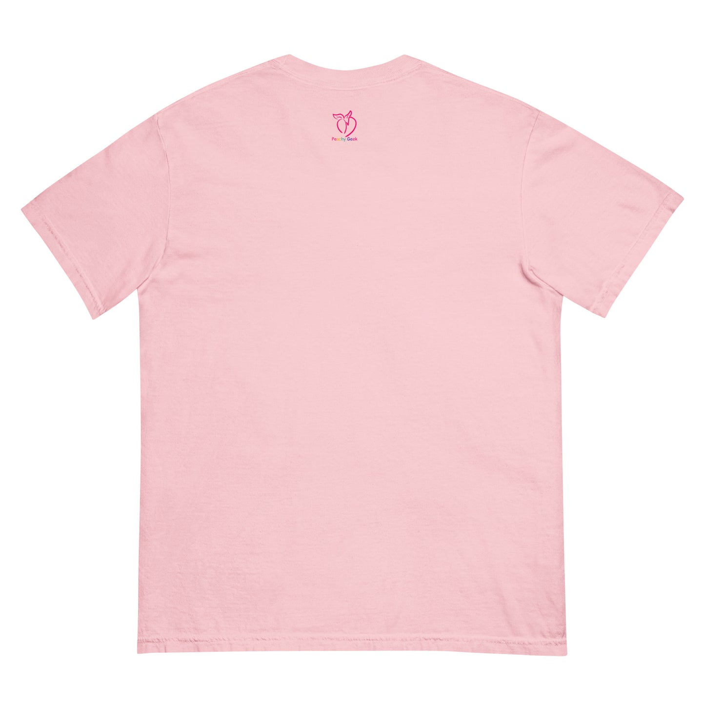 Pink t-shirt with peachy geek logo on the back against a white background