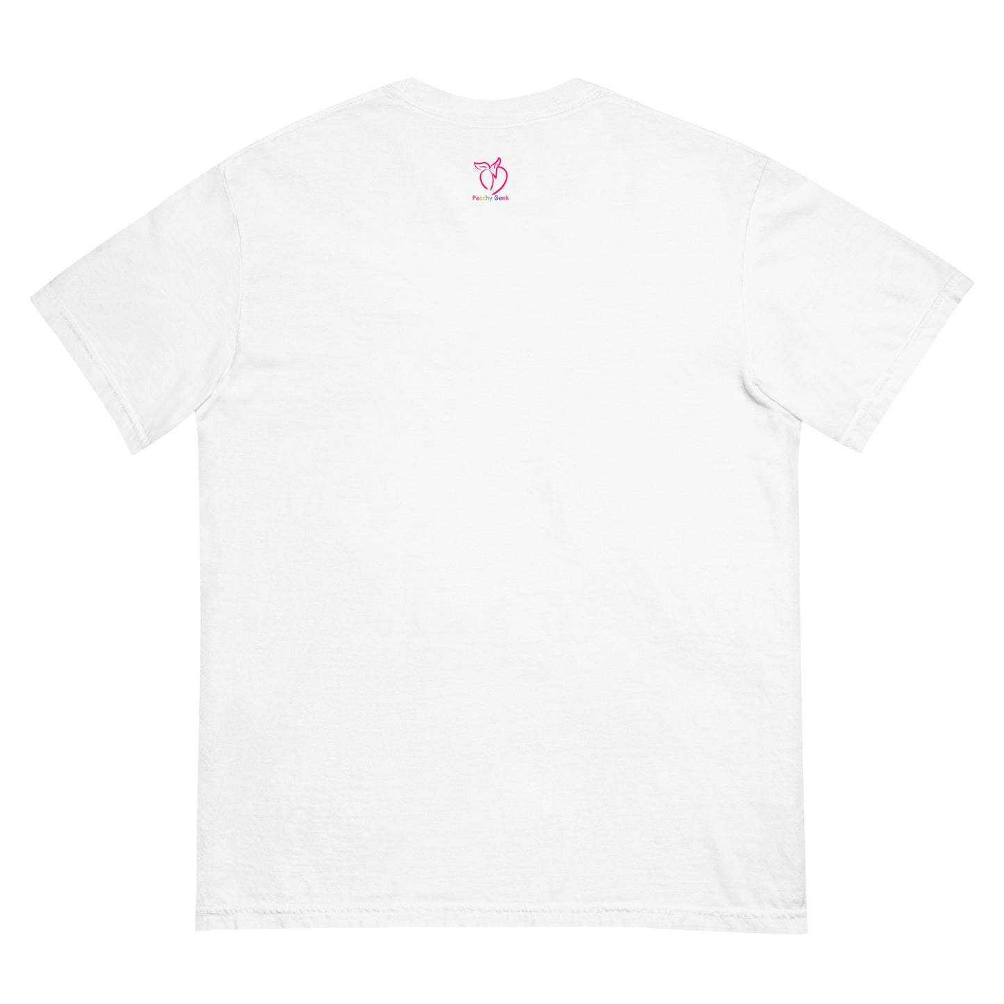 White t-shirt with peachy geek logo on the back against a white background