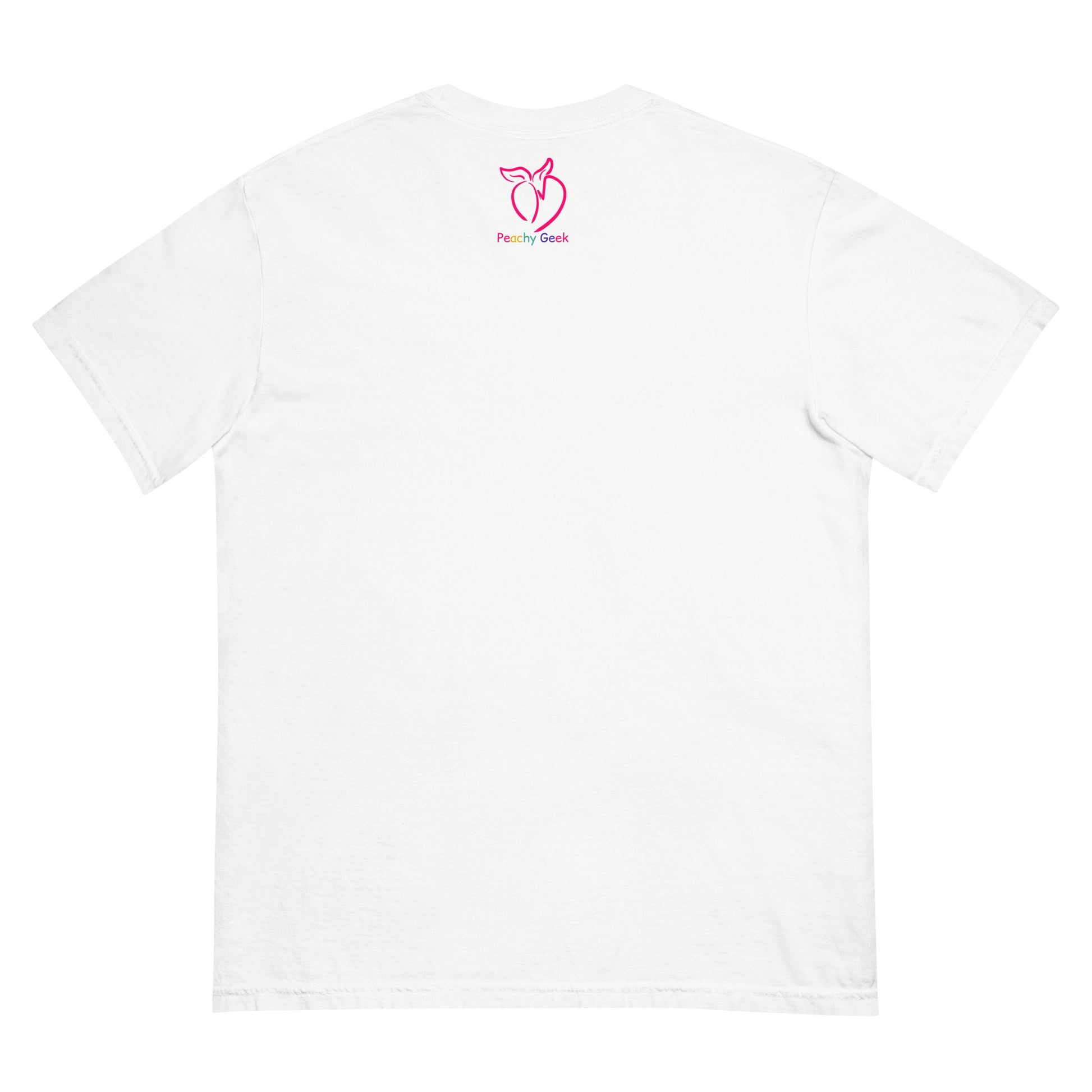 White t-shirt with peachy geek logo on the back against a white background