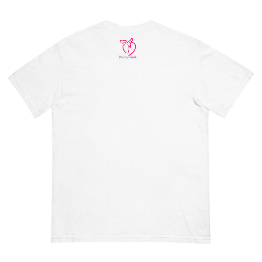 White t-shirt with peachy geek logo on the back against a white background