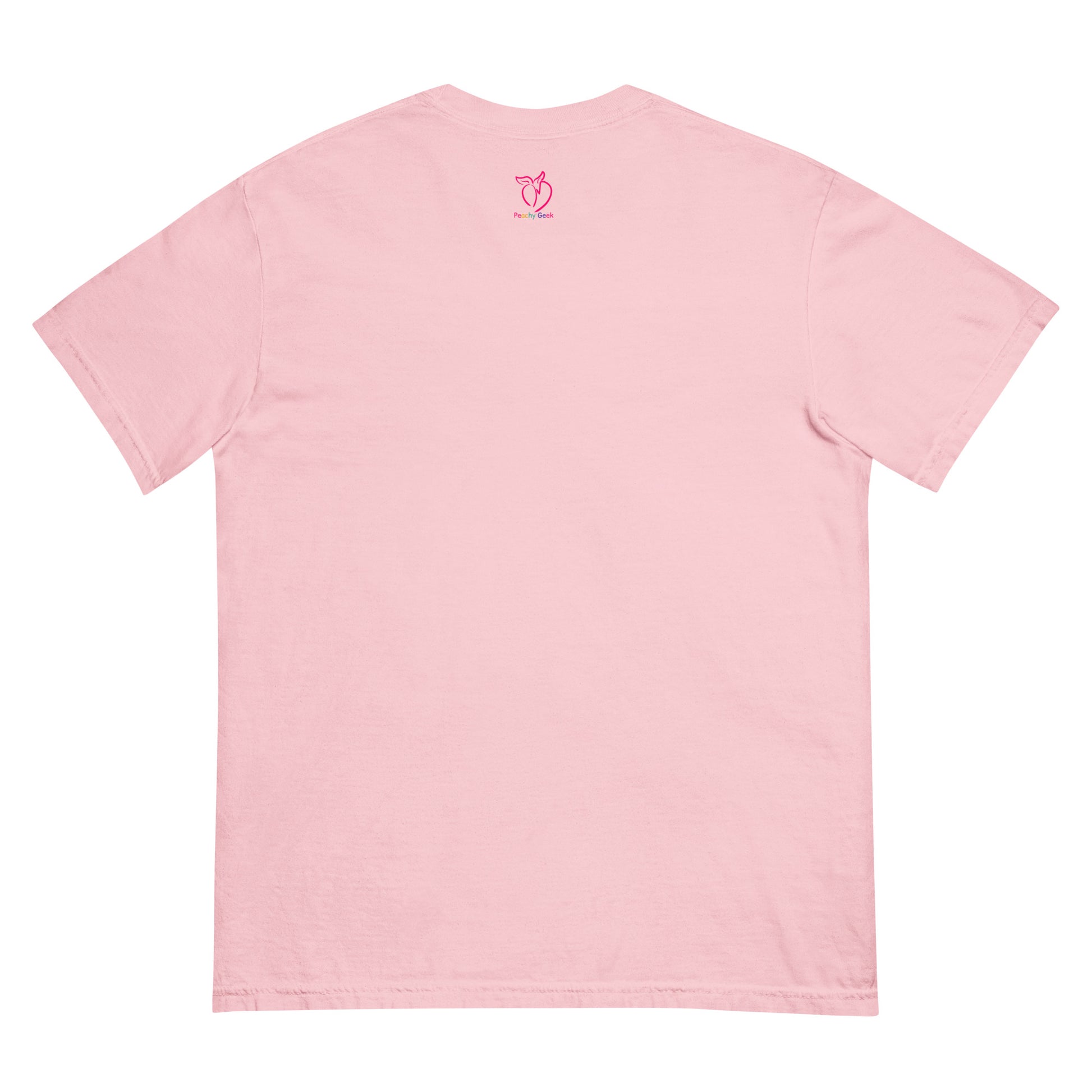 Pink t-shirt with peachy geek logo on the back against a white background