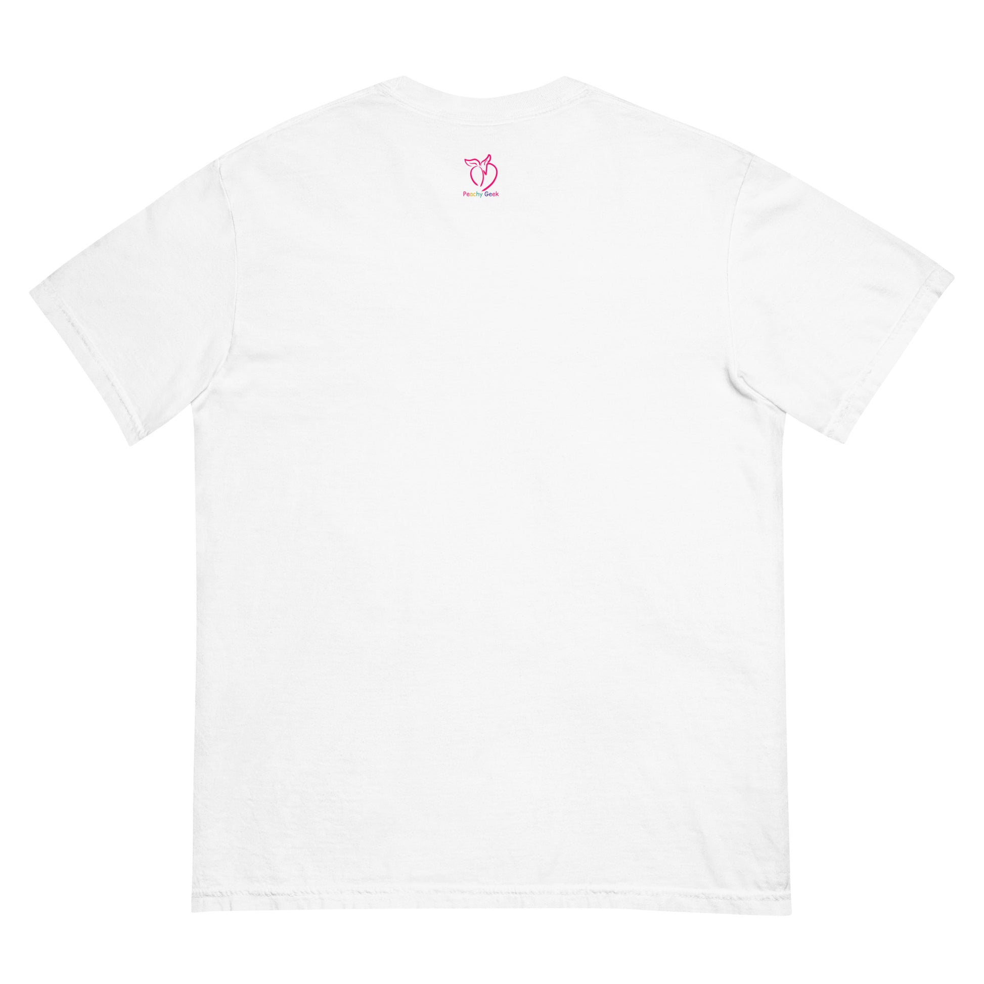 White t-shirt with peachy geek logo on the back against a white background