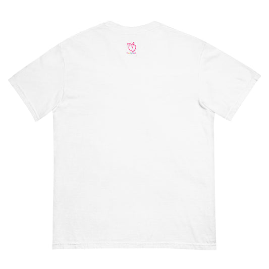 White t-shirt with peachy geek logo on the back against a white background