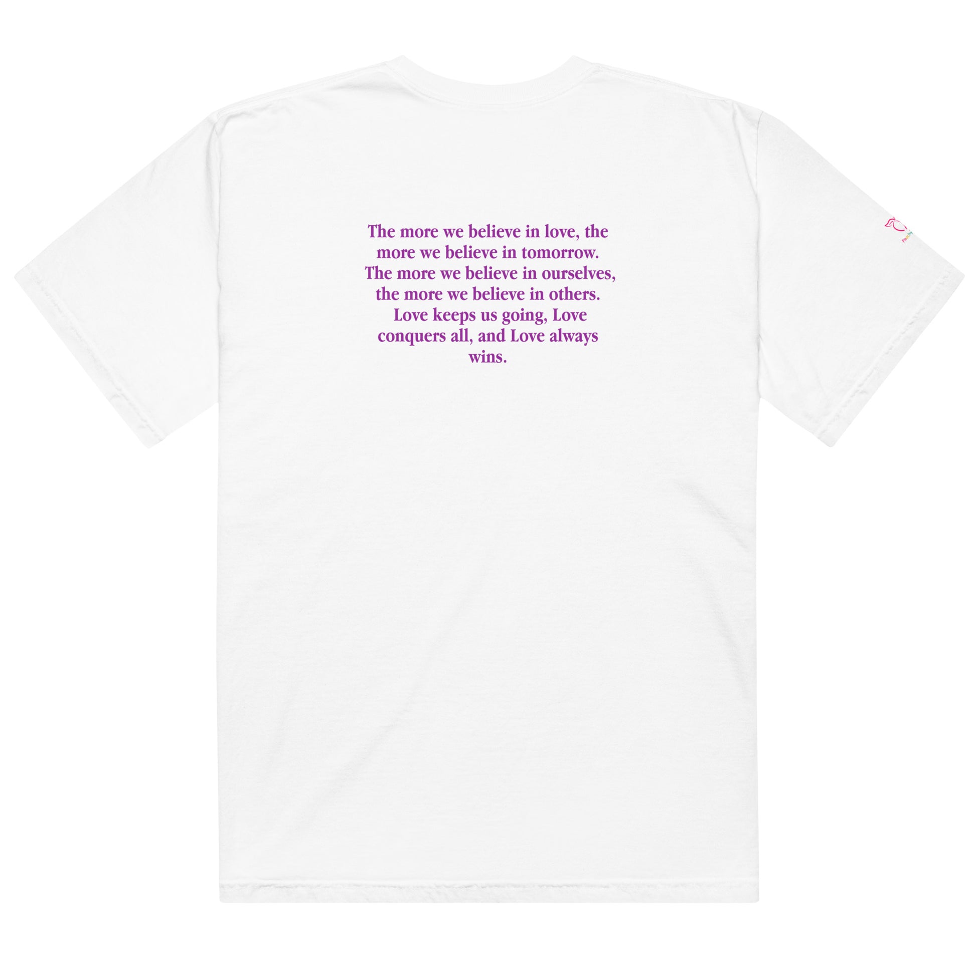 White t-shirt with love always wins message against a white background