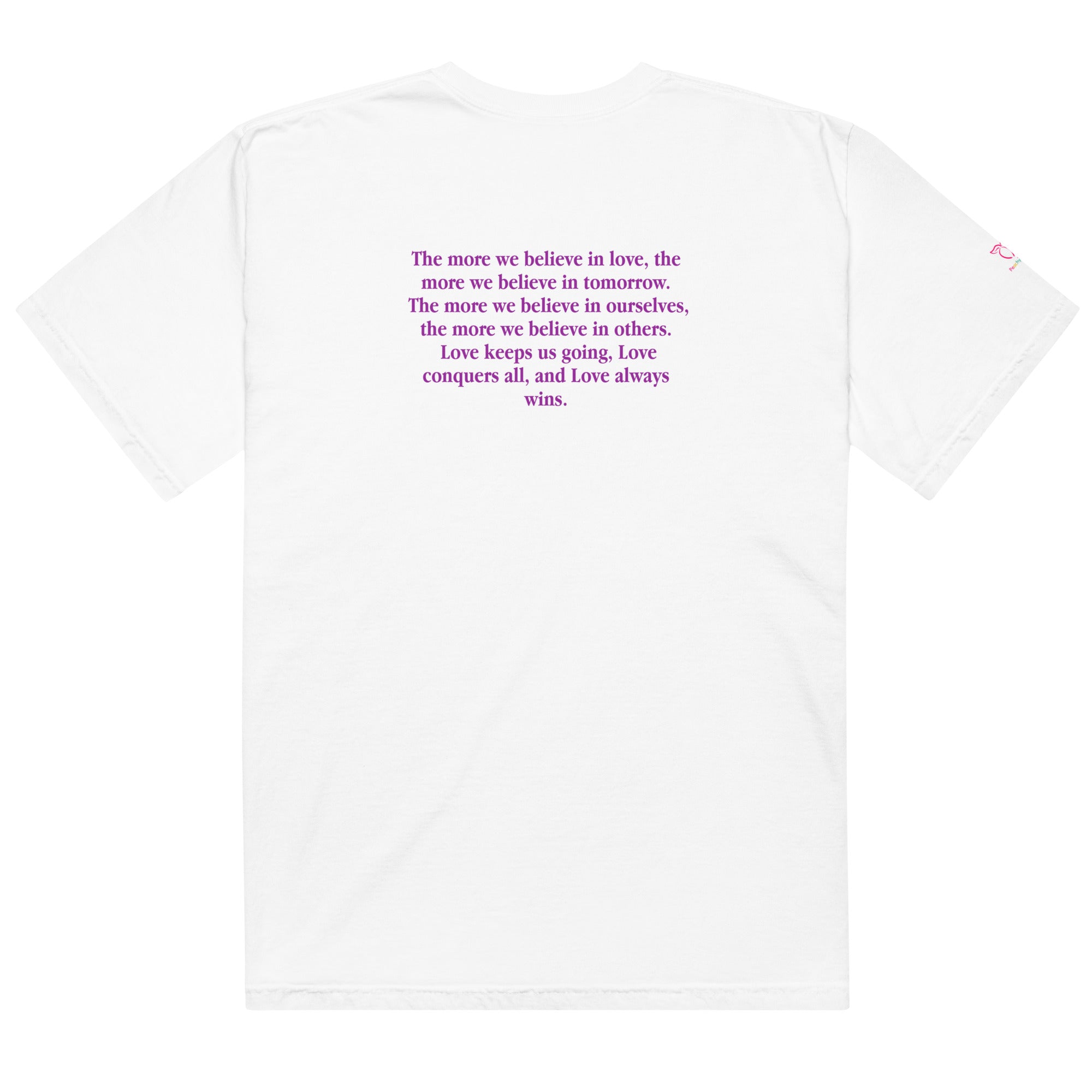 White t-shirt with love always wins message against a white background