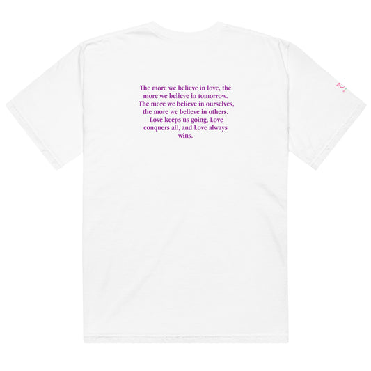 White t-shirt with love always wins message against a white background
