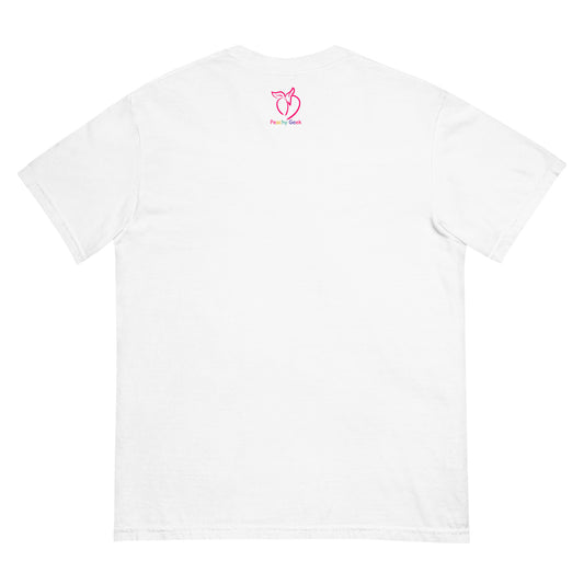White t-shirt with peachy geek logo on the back against a white background